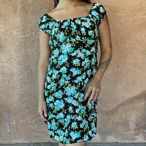 Vintage 90s Black Mini Dress with Blue Rose Floral Print Cottagecore